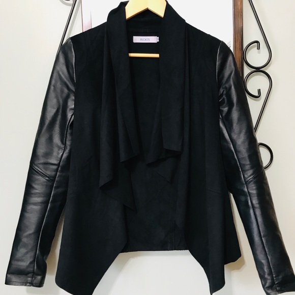 Pleather Sleeve Drape Front Blazer - Picture 2 of 5